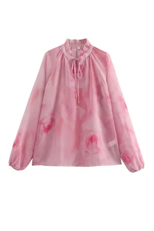 ‘Martha’ Printed Ruffled Tie-Neck Hollow-Out Chiffon Long Sleeve Blouse