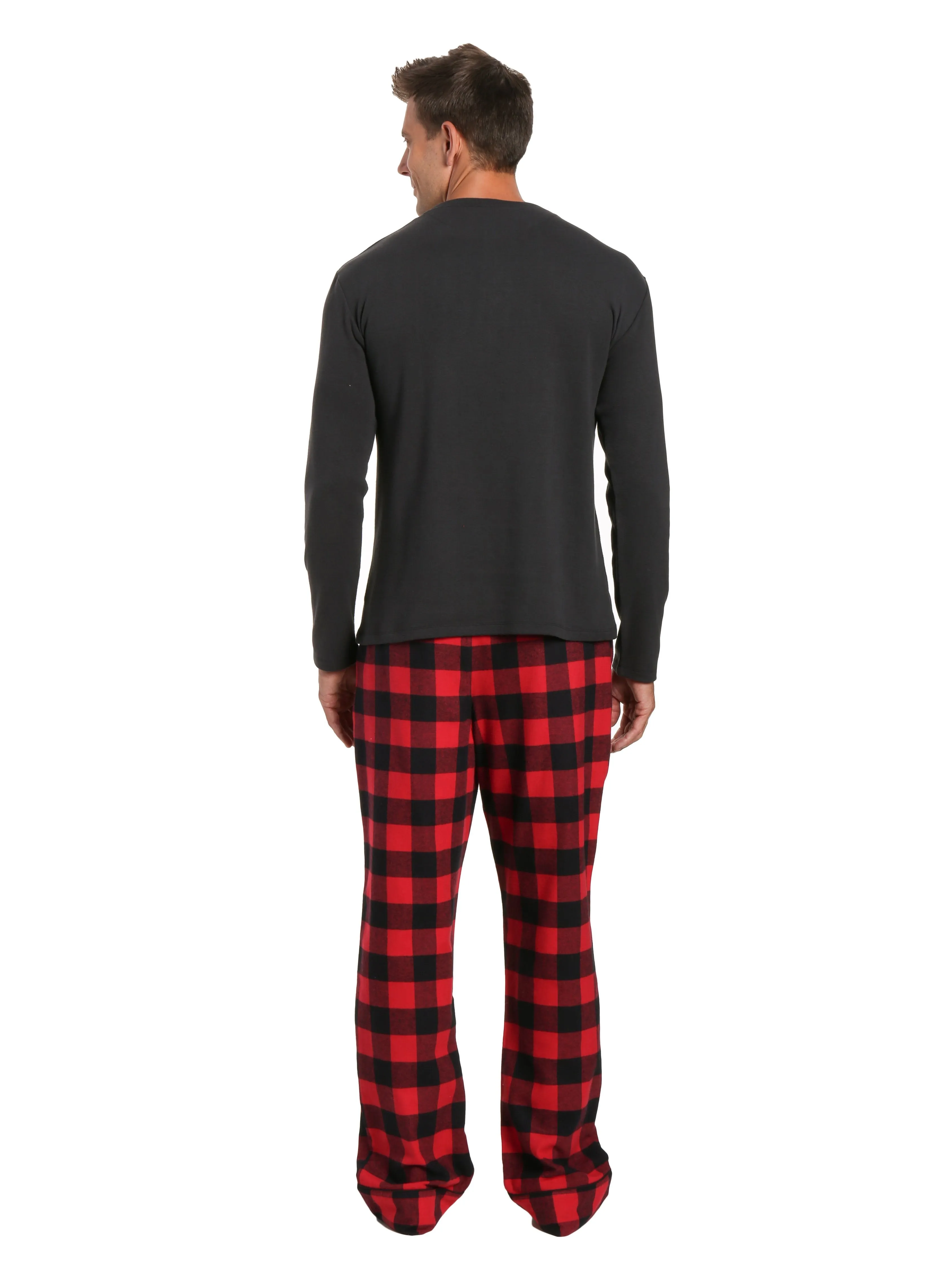 Mens Premium 100% Cotton Flannel Lounge Set - Gingham Checks - Black-Red