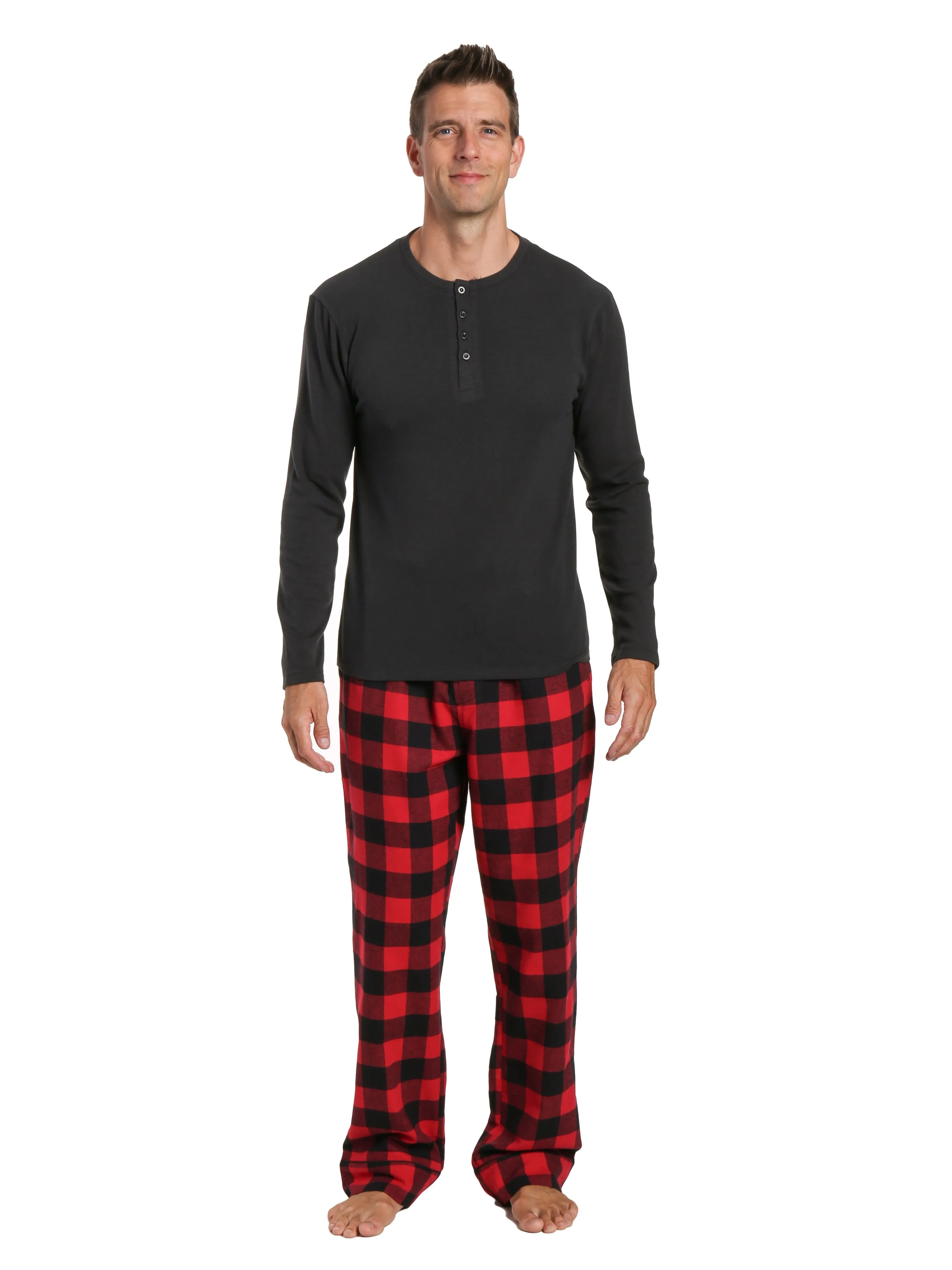 Mens Premium 100% Cotton Flannel Lounge Set - Gingham Checks - Black-Red