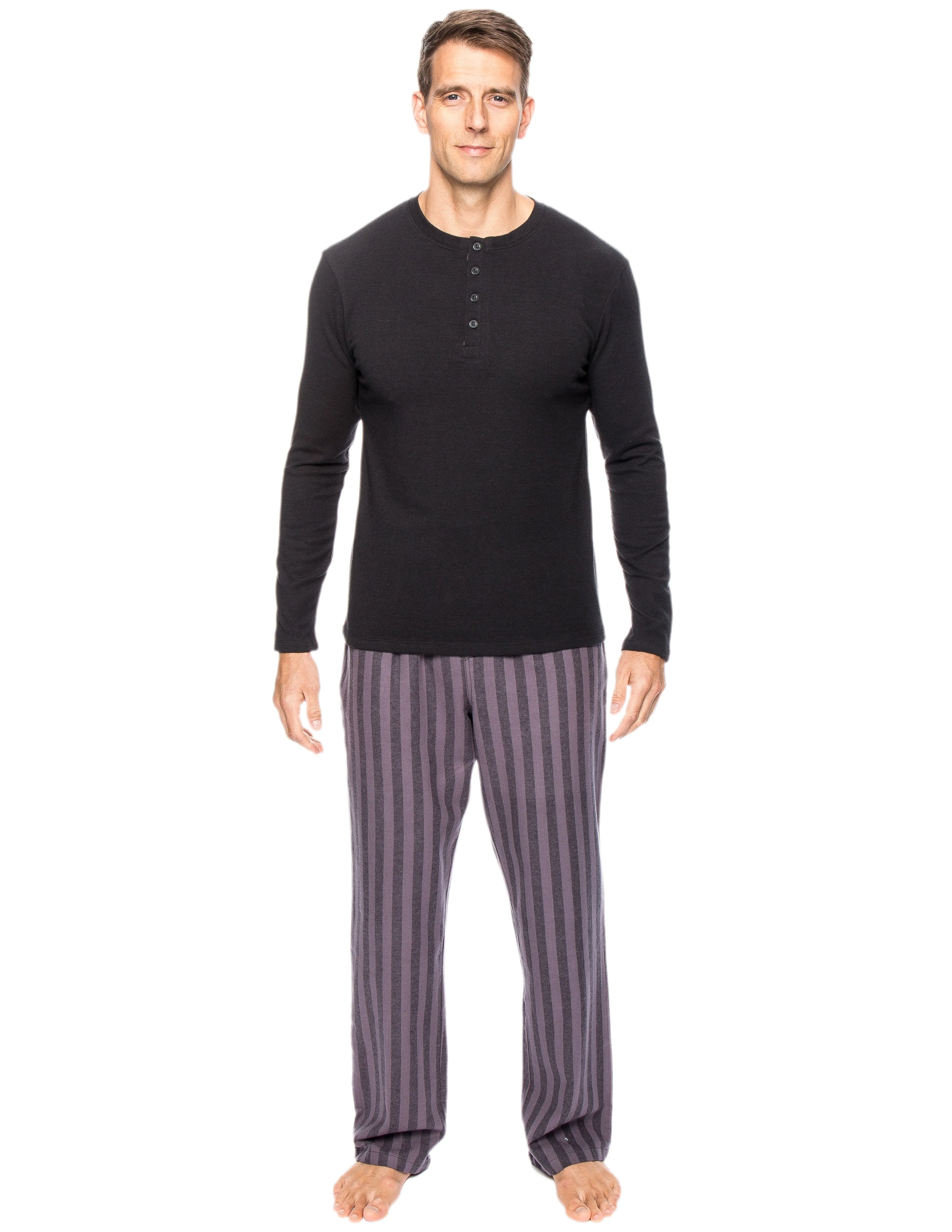 Mens Premium 100% Cotton Flannel Lounge Set - Stripes Black/Grey