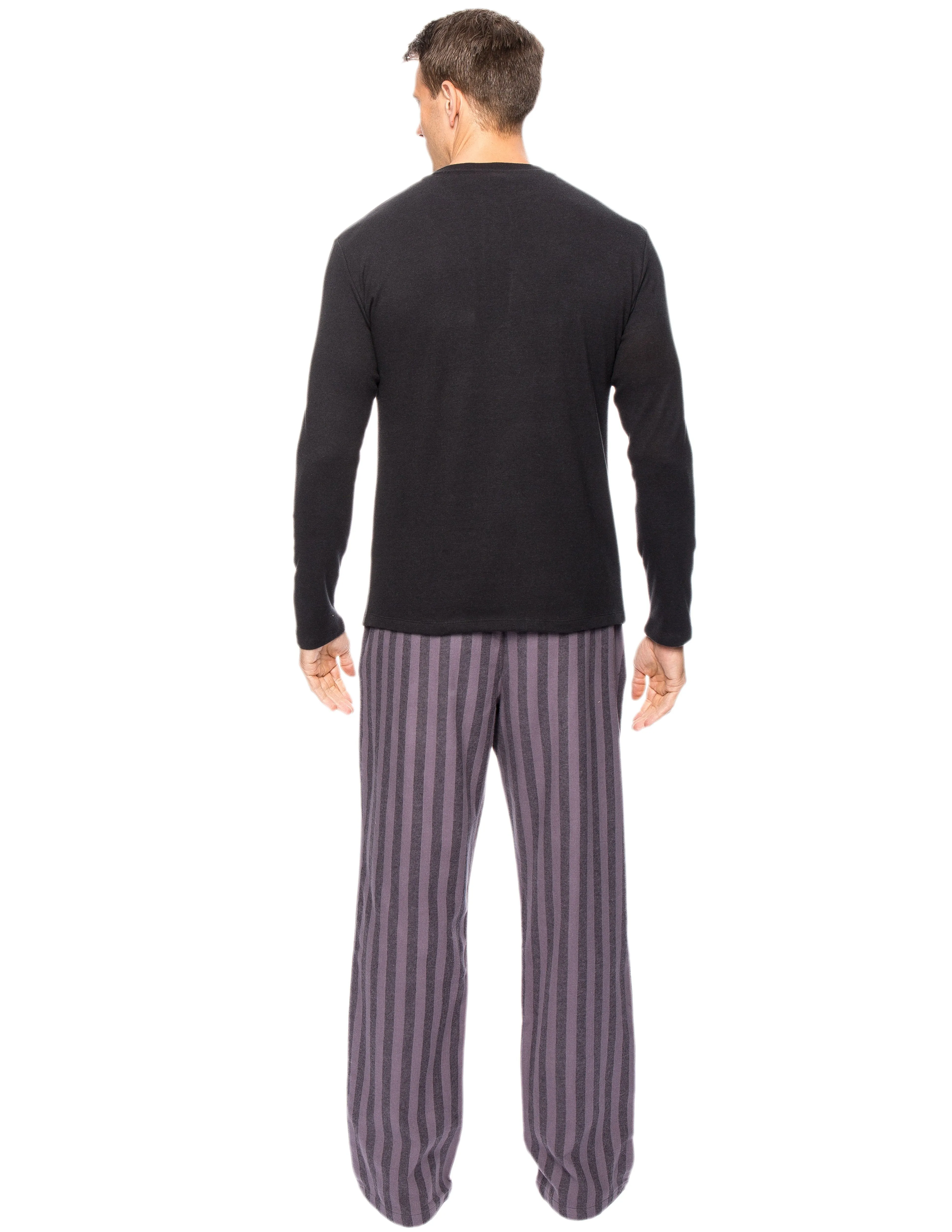 Mens Premium 100% Cotton Flannel Lounge Set - Stripes Black/Grey