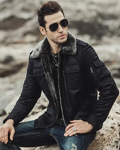 Mens Winter Black Snuff Shearling Leather Jacket