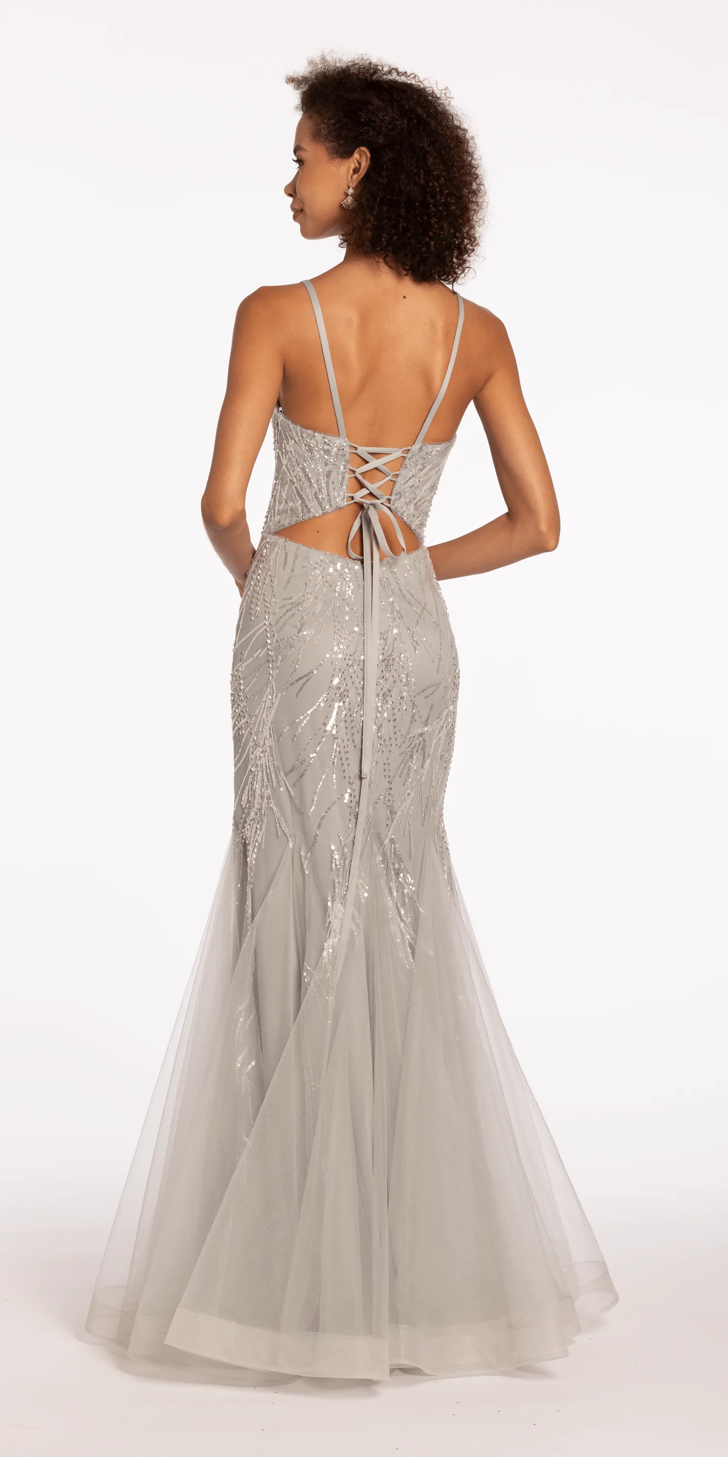 Mesh Branch Sequin Plunging Trumpet Dress