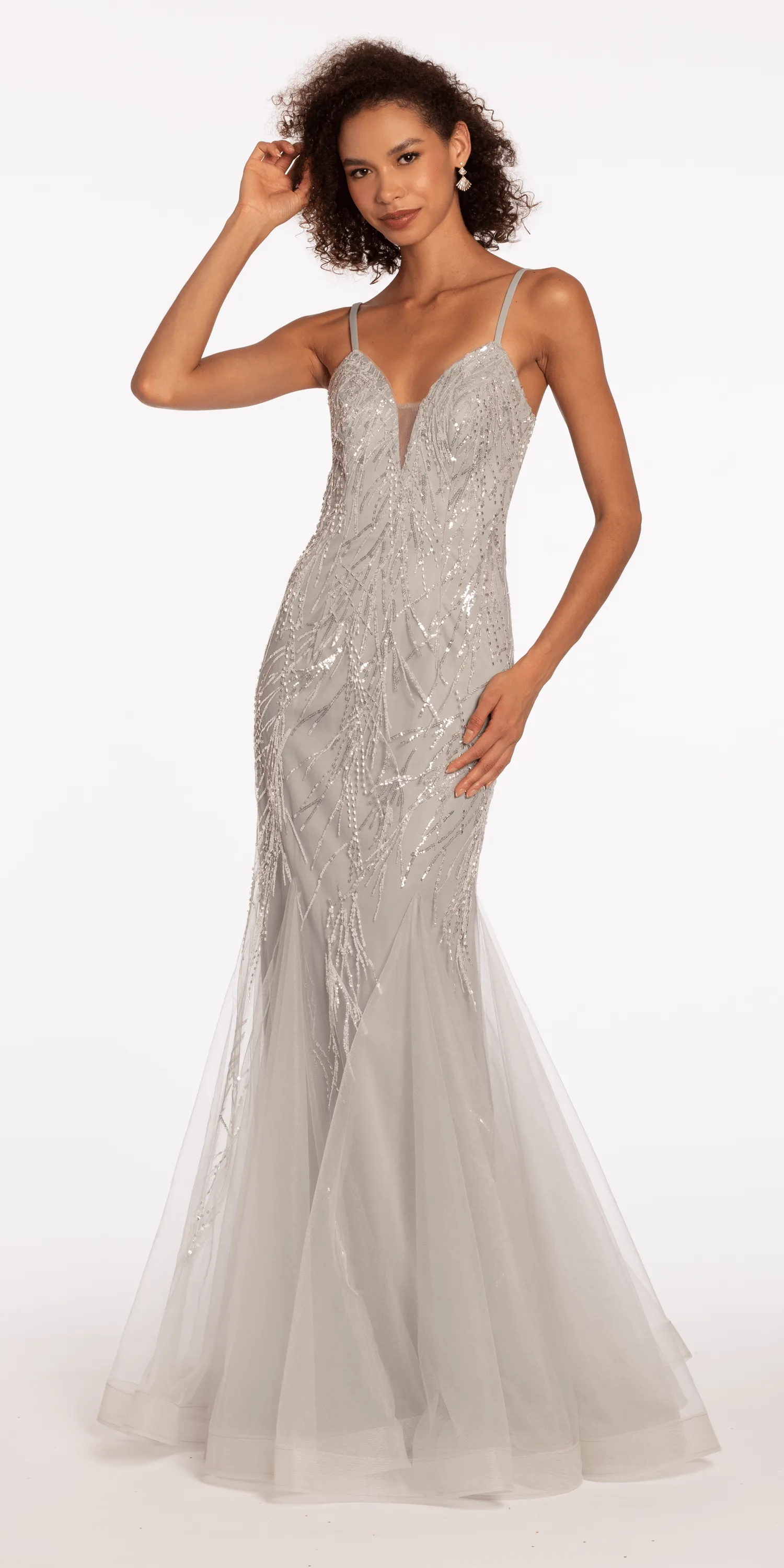 Mesh Branch Sequin Plunging Trumpet Dress