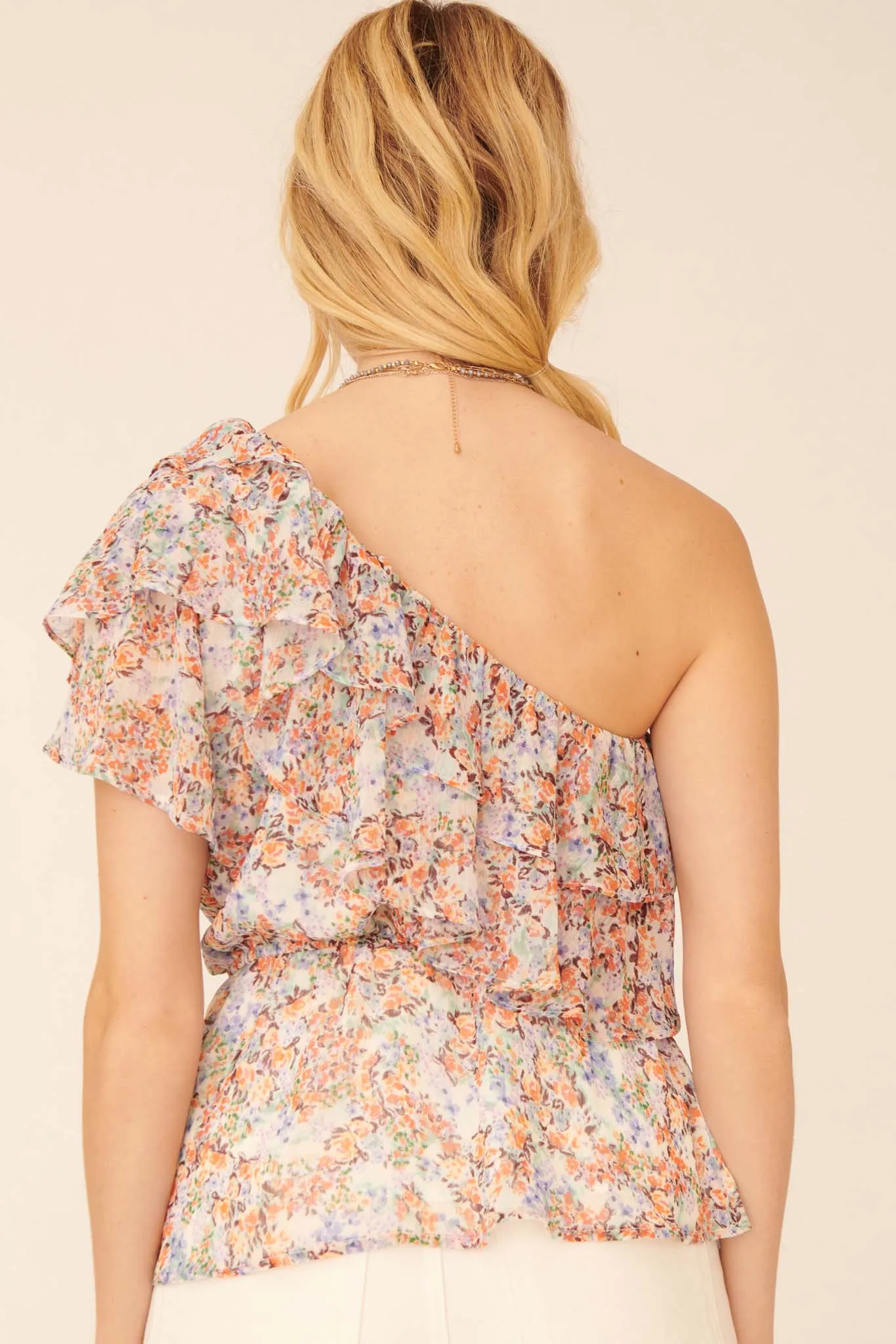 Monet All Day Ruffled Floral One-Shoulder Top