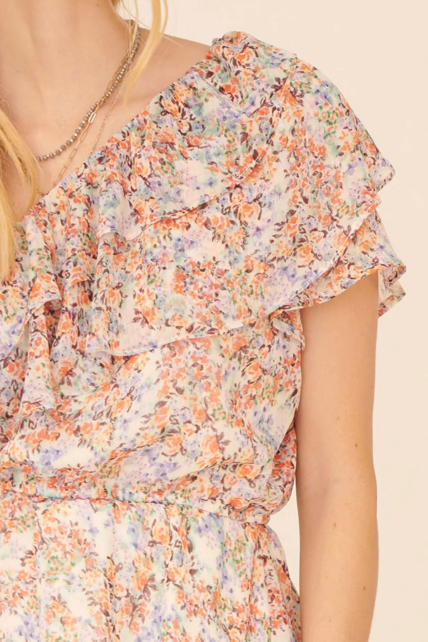 Monet All Day Ruffled Floral One-Shoulder Top