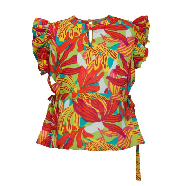 MULTICOLOR CHIFFON SHORT SLEEVE BLOUSE WITH DRAW STRING