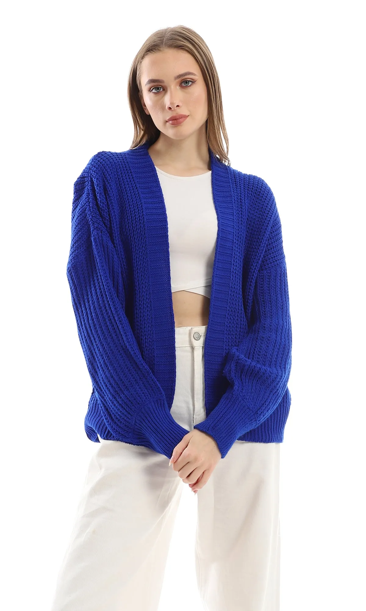 O158279 Loose Slip On Chunky Winter Royal Blue Cardigan