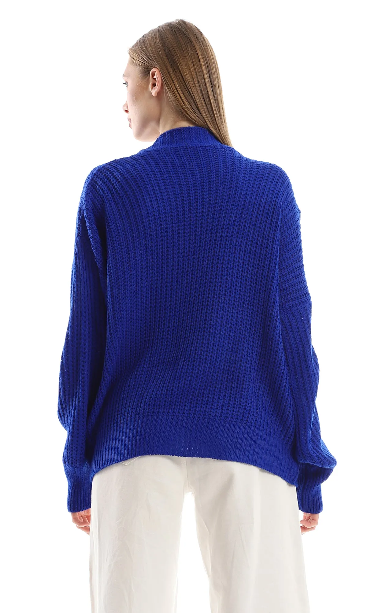 O158279 Loose Slip On Chunky Winter Royal Blue Cardigan