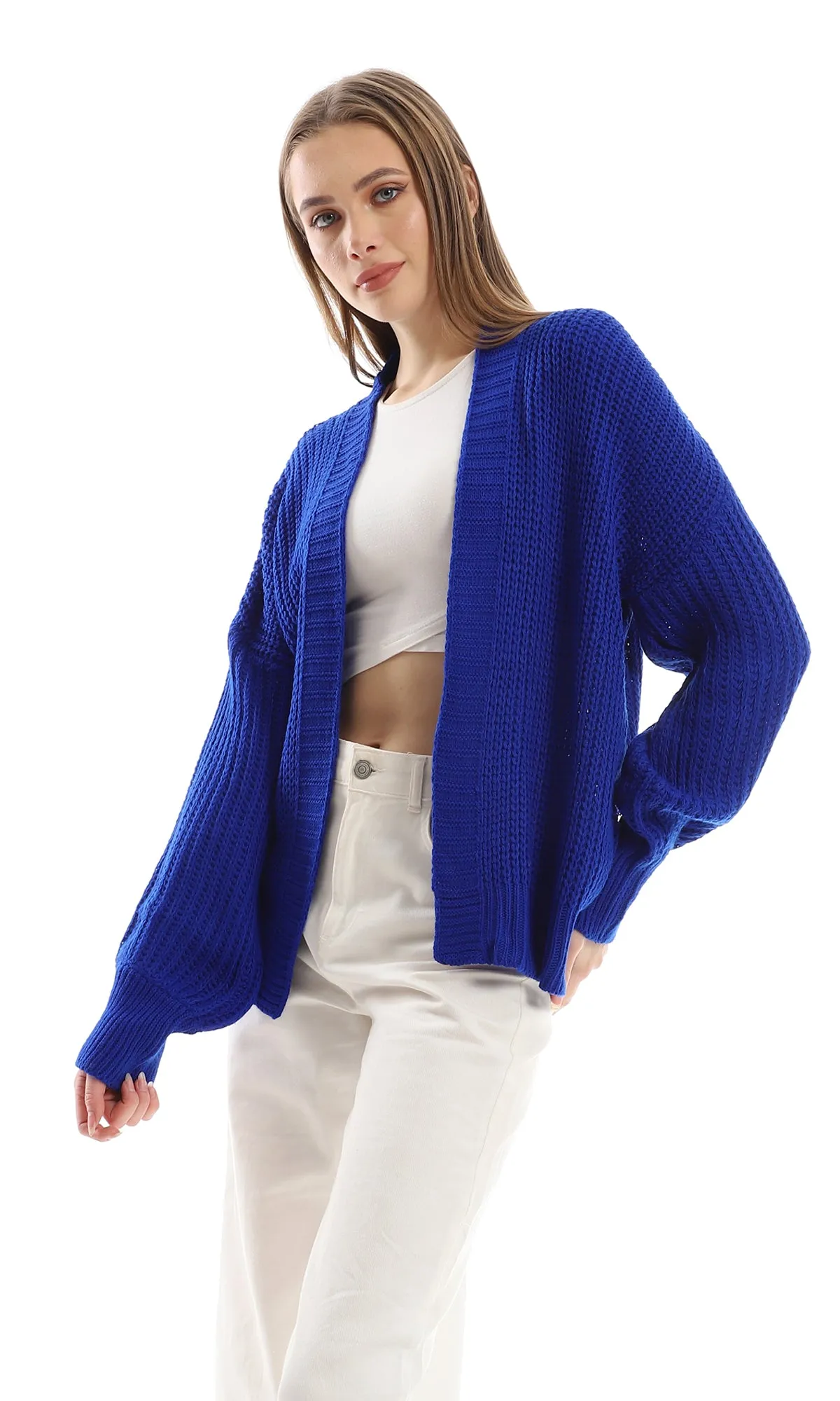 O158279 Loose Slip On Chunky Winter Royal Blue Cardigan