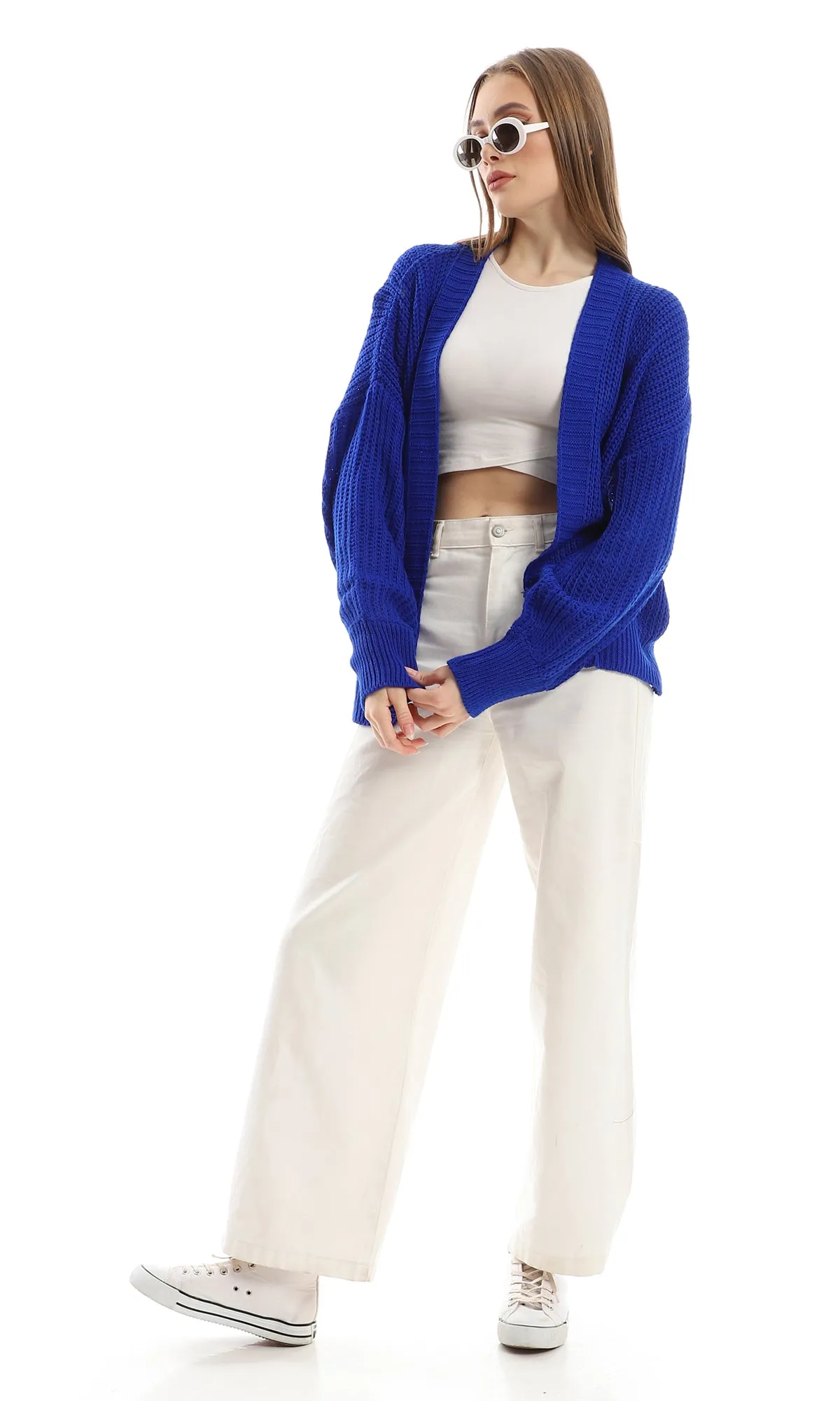 O158279 Loose Slip On Chunky Winter Royal Blue Cardigan