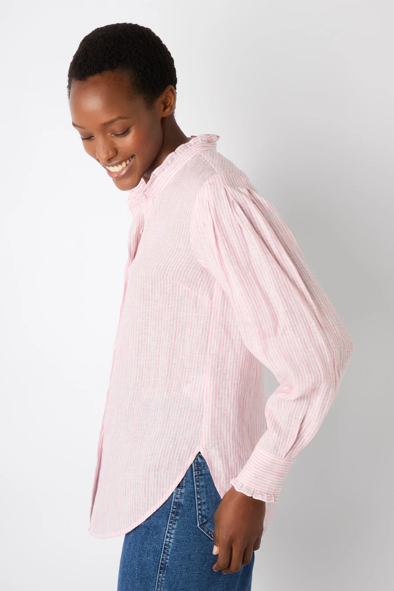 Paris Linen Stripe Frill Shirt - Pink/White