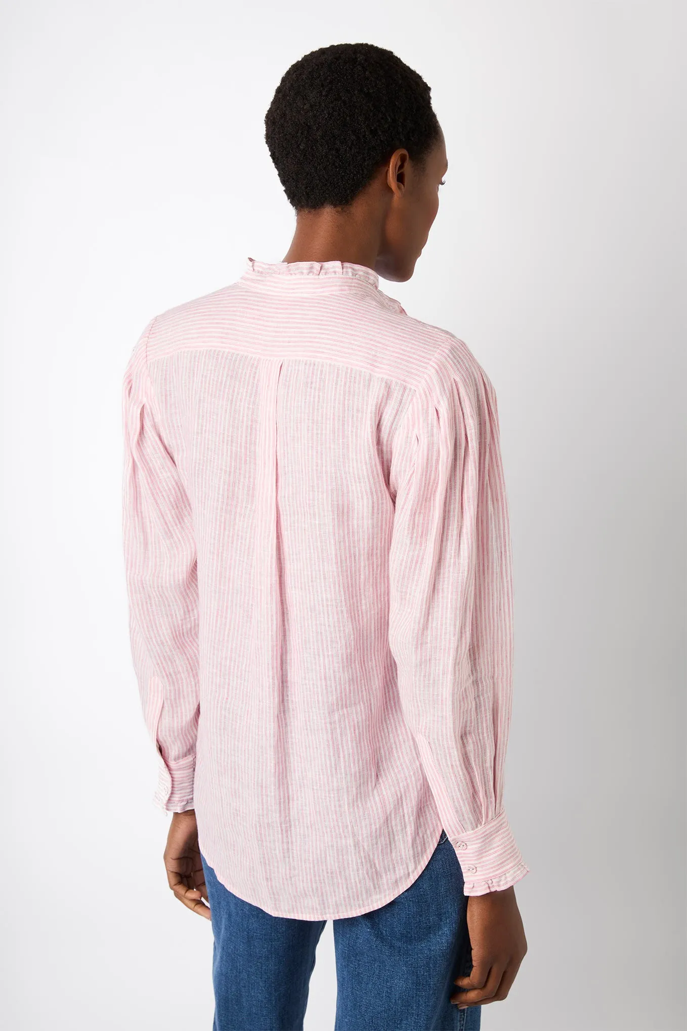 Paris Linen Stripe Frill Shirt - Pink/White