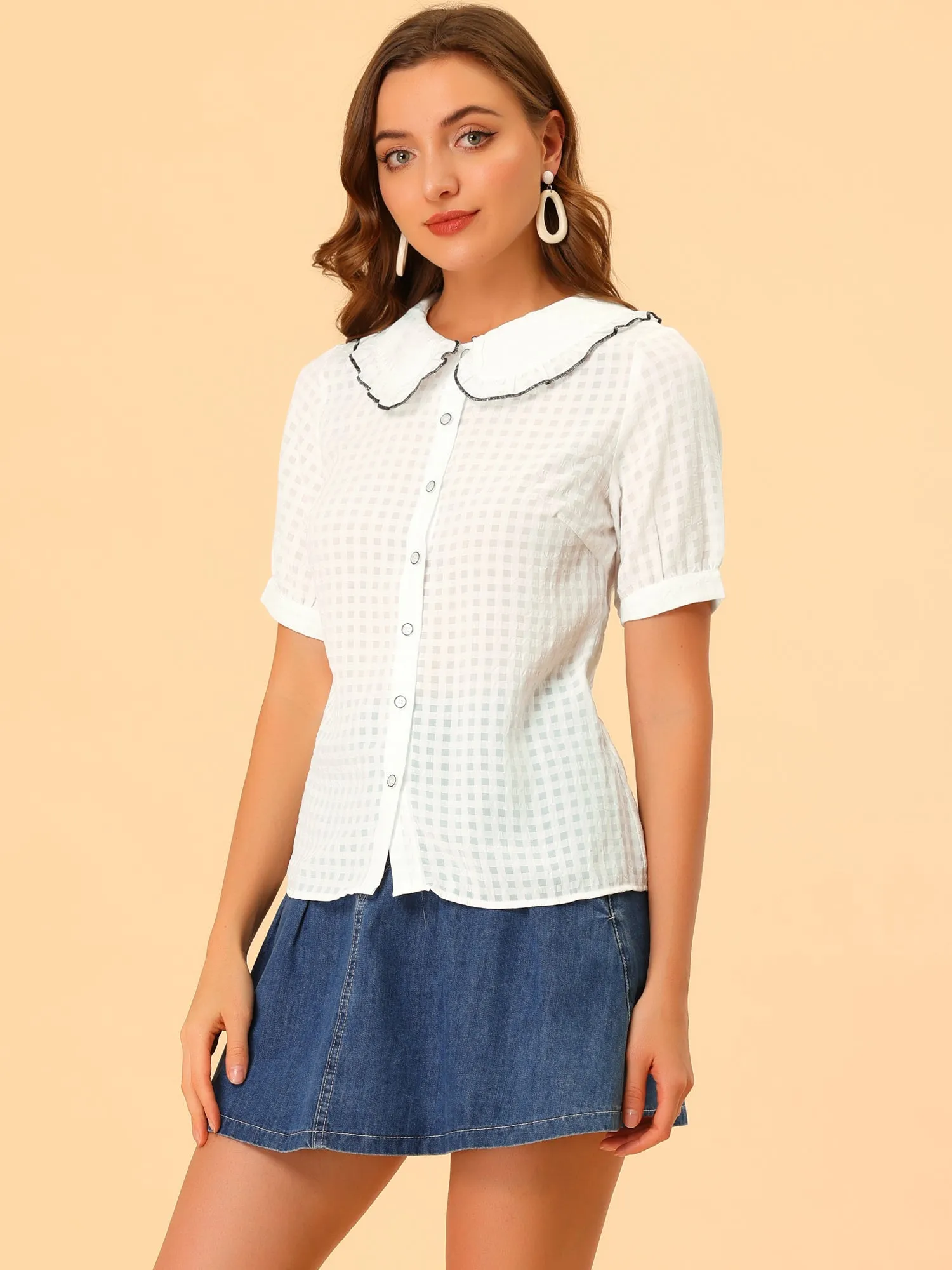 Peter Pan Collar Contrast Color Trim Gingham Button Up Blouse Shirt