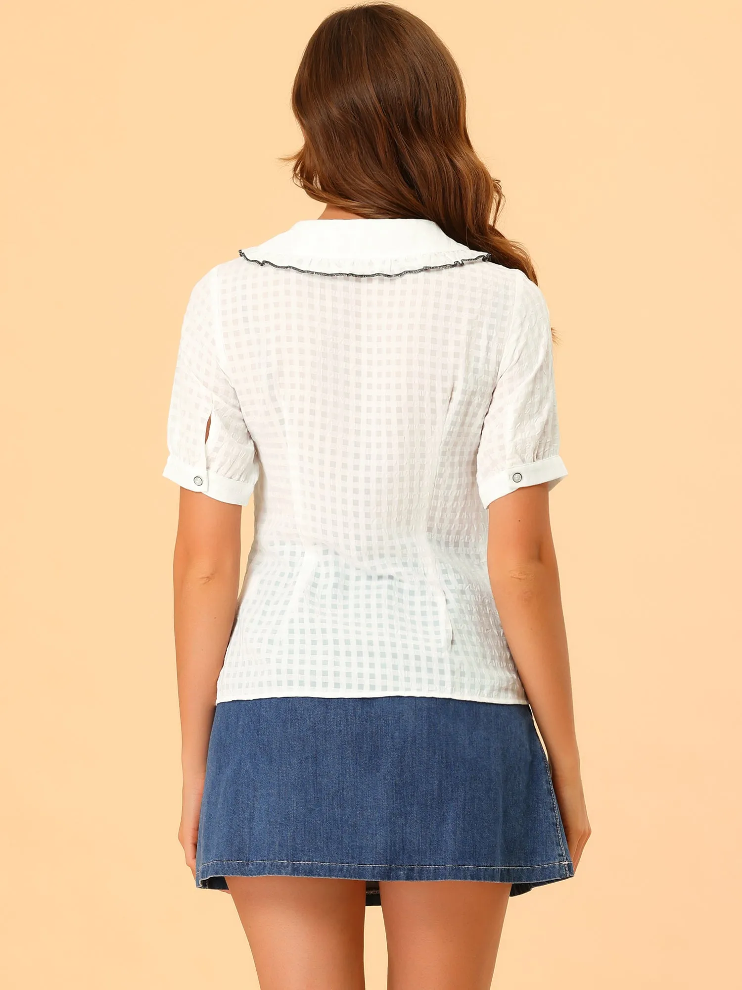 Peter Pan Collar Contrast Color Trim Gingham Button Up Blouse Shirt