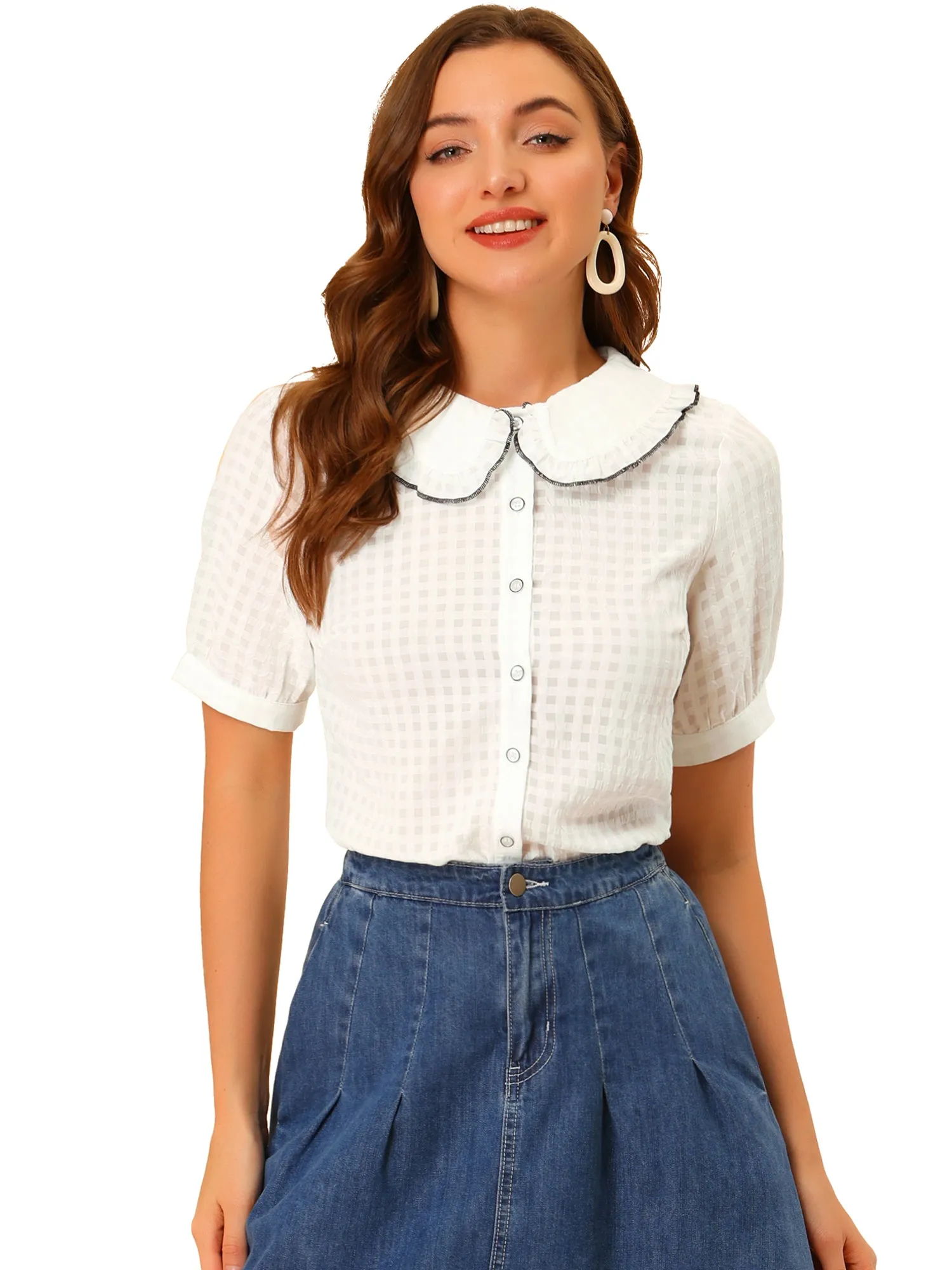 Peter Pan Collar Contrast Color Trim Gingham Button Up Blouse Shirt