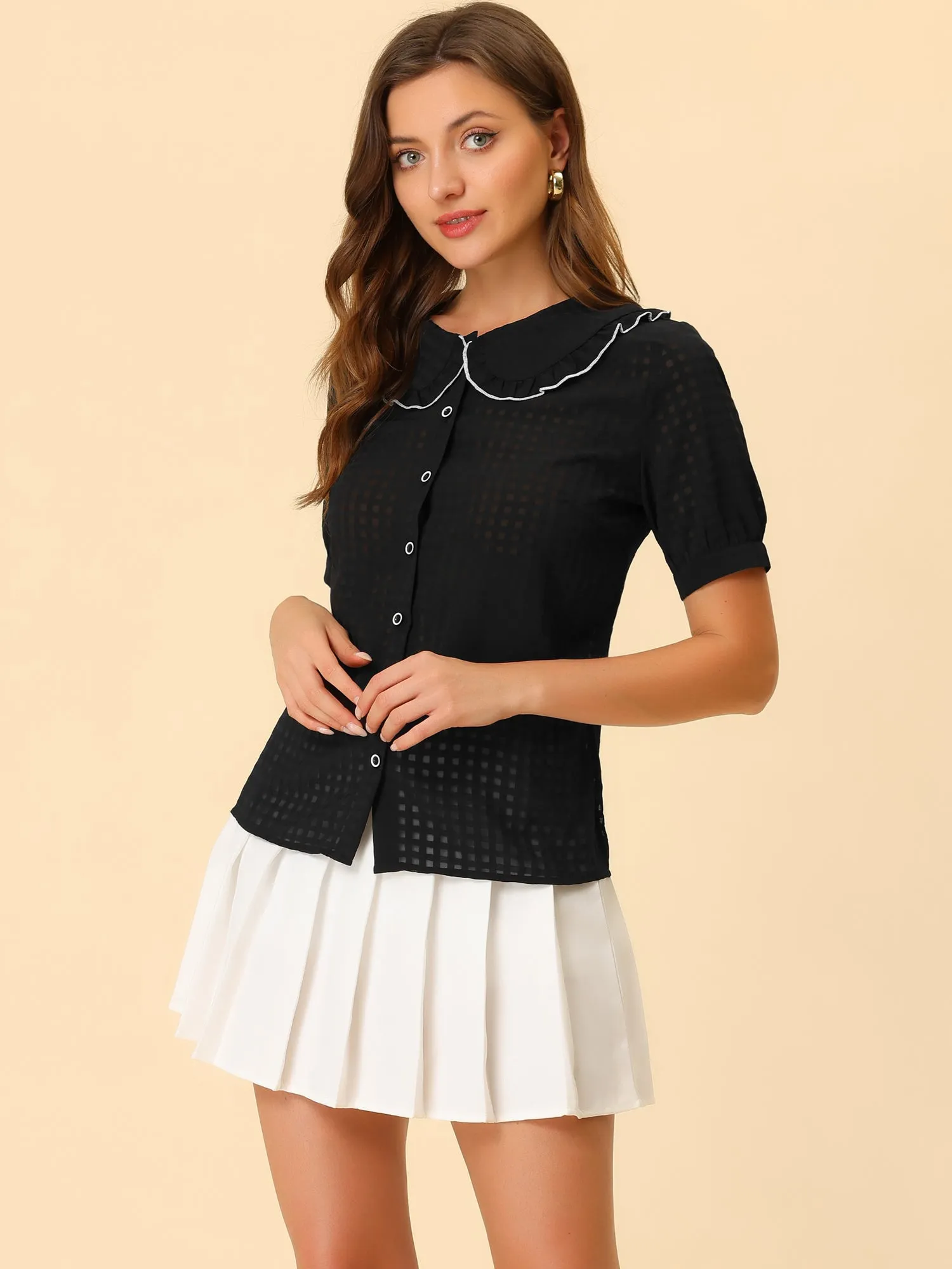 Peter Pan Collar Contrast Color Trim Gingham Button Up Blouse Shirt