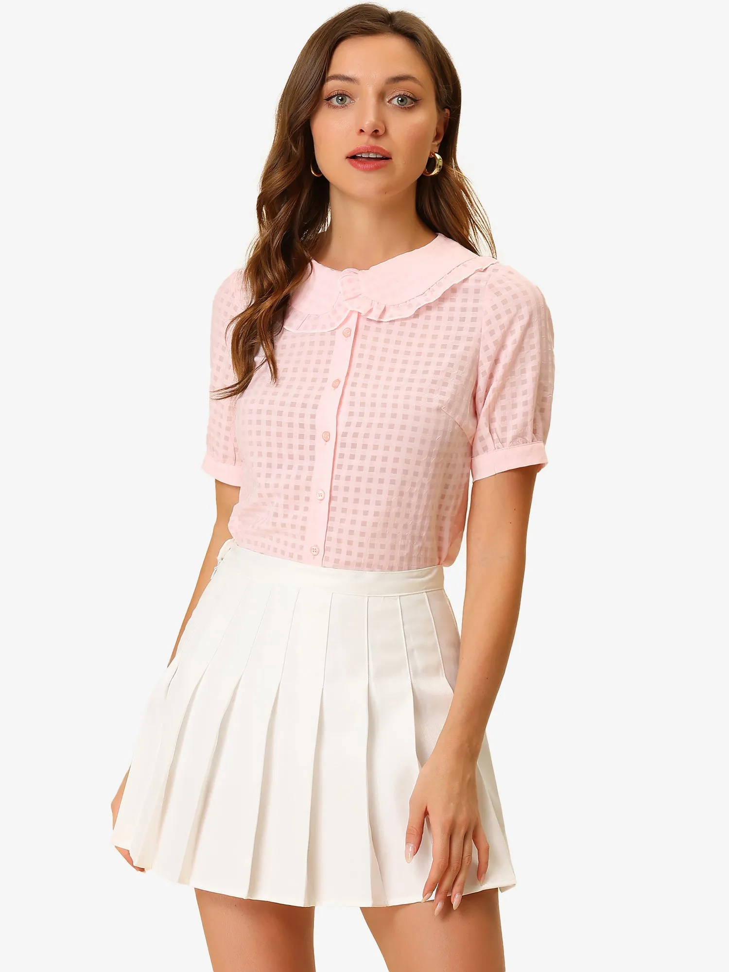 Peter Pan Collar Contrast Color Trim Gingham Button Up Blouse Shirt