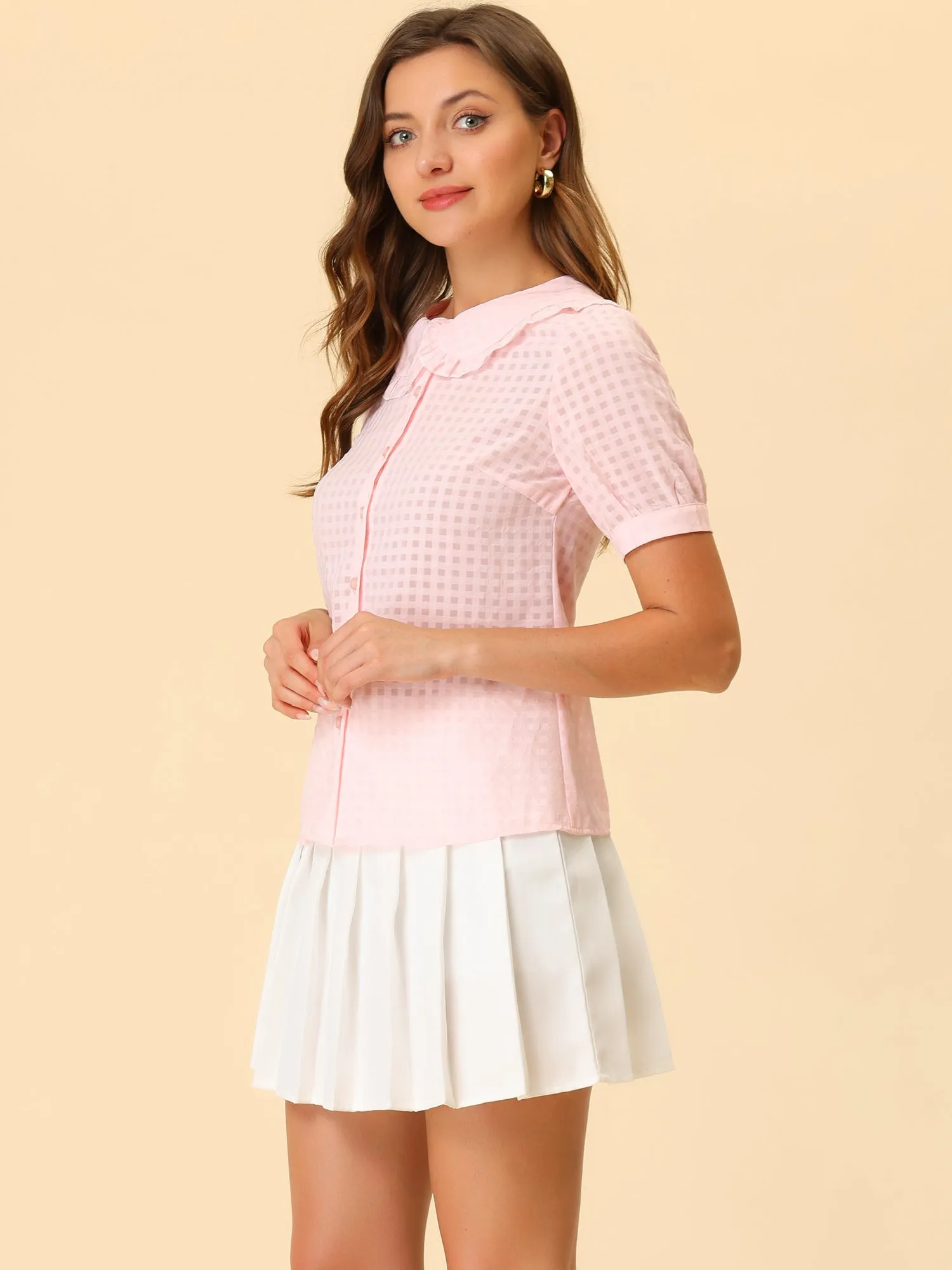 Peter Pan Collar Contrast Color Trim Gingham Button Up Blouse Shirt