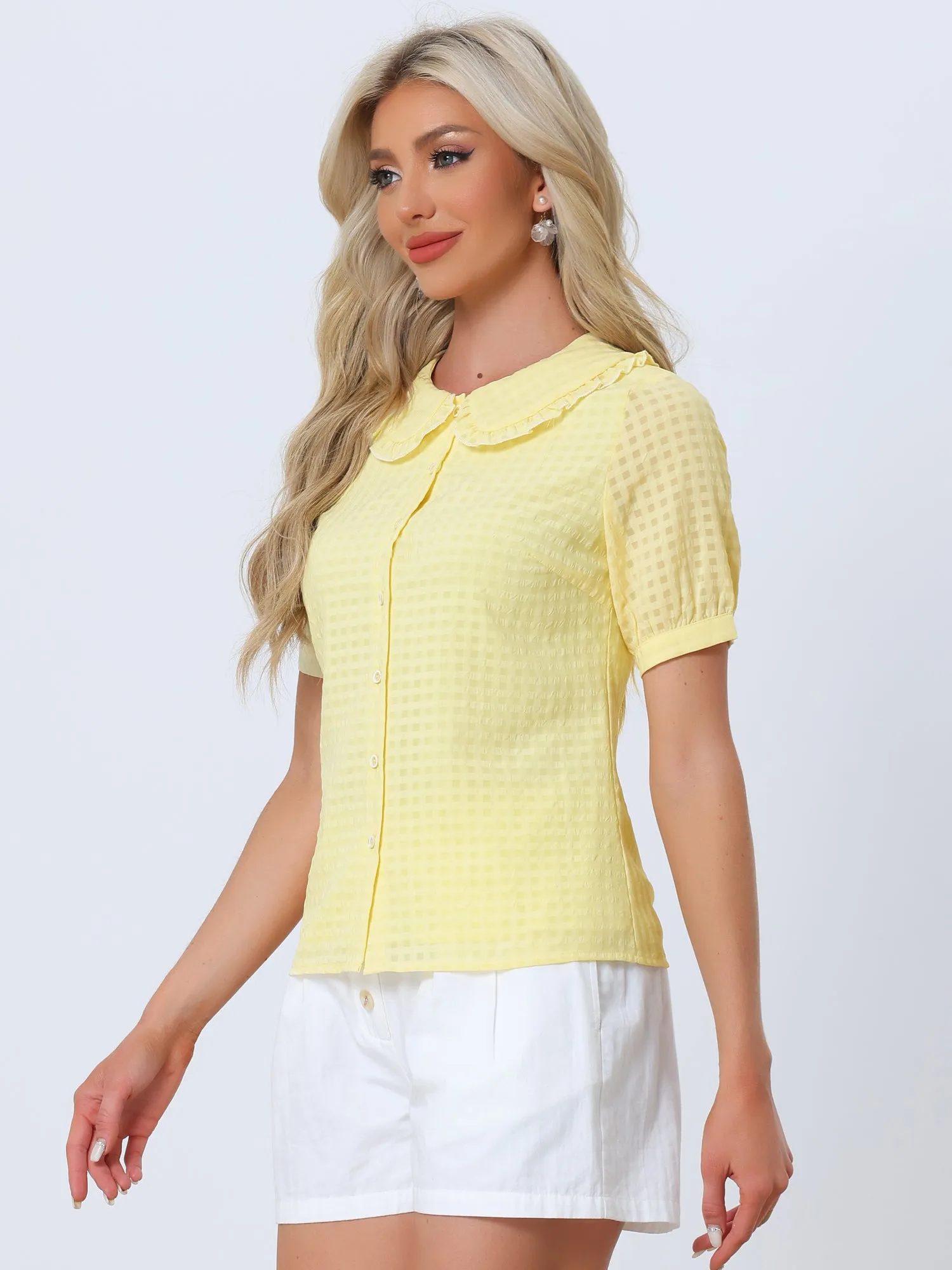 Peter Pan Collar Contrast Color Trim Gingham Button Up Blouse Shirt