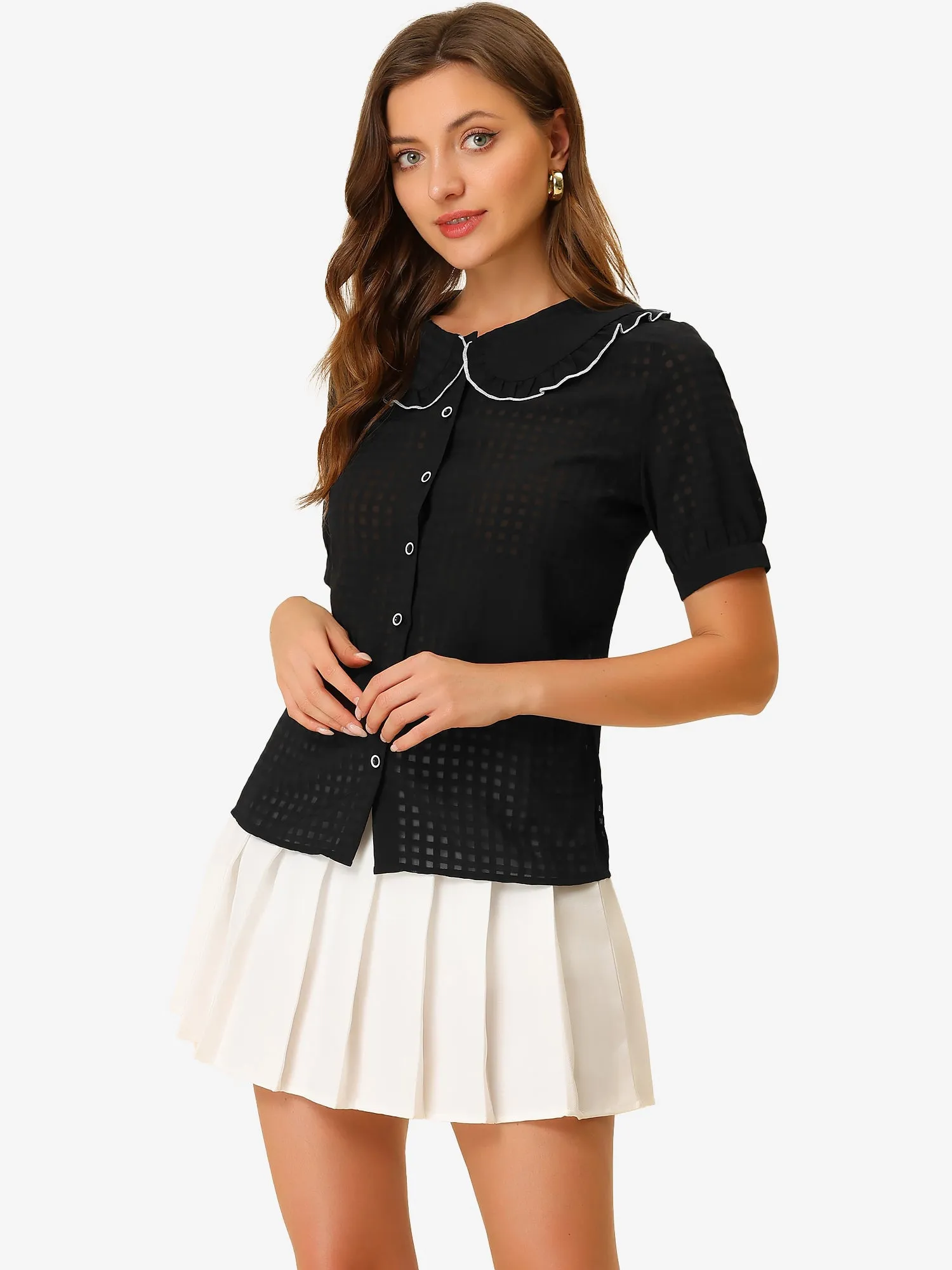 Peter Pan Collar Contrast Color Trim Gingham Button Up Blouse Shirt