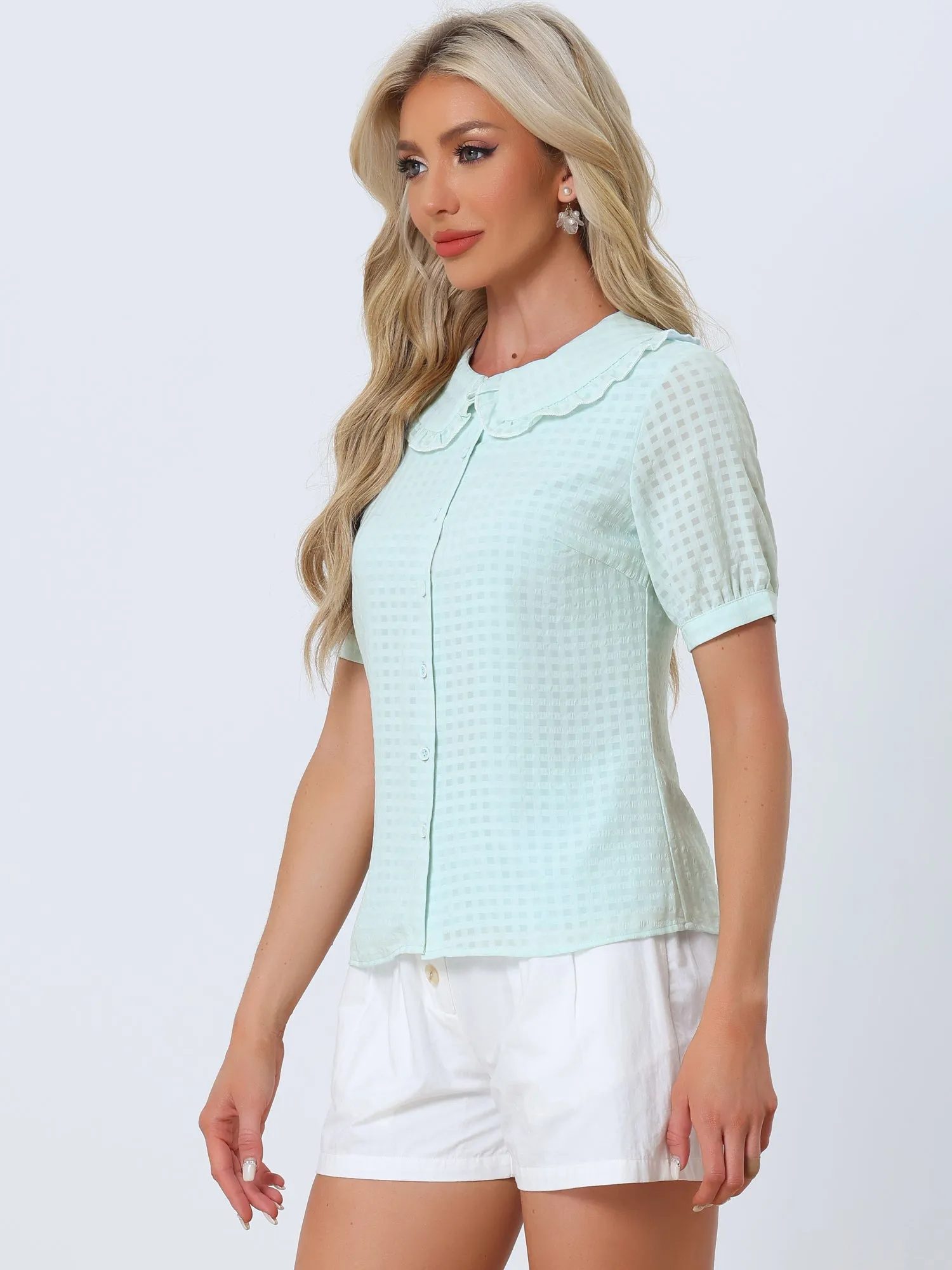 Peter Pan Collar Contrast Color Trim Gingham Button Up Blouse Shirt