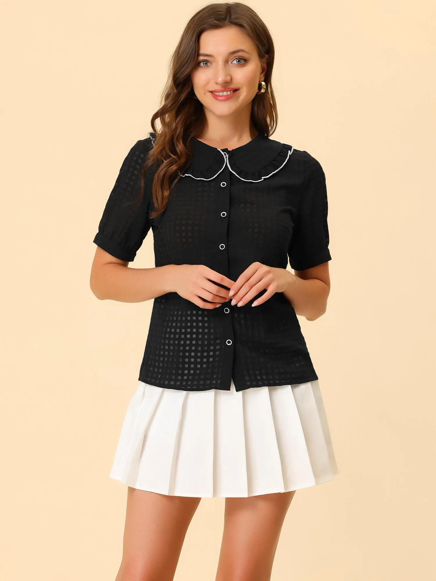 Peter Pan Collar Contrast Color Trim Gingham Button Up Blouse Shirt