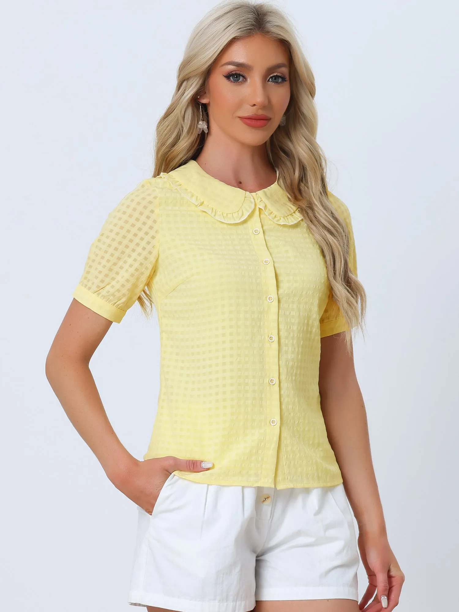 Peter Pan Collar Contrast Color Trim Gingham Button Up Blouse Shirt