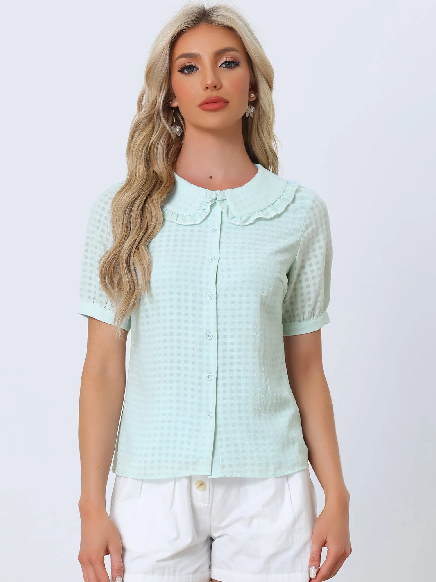 Peter Pan Collar Contrast Color Trim Gingham Button Up Blouse Shirt