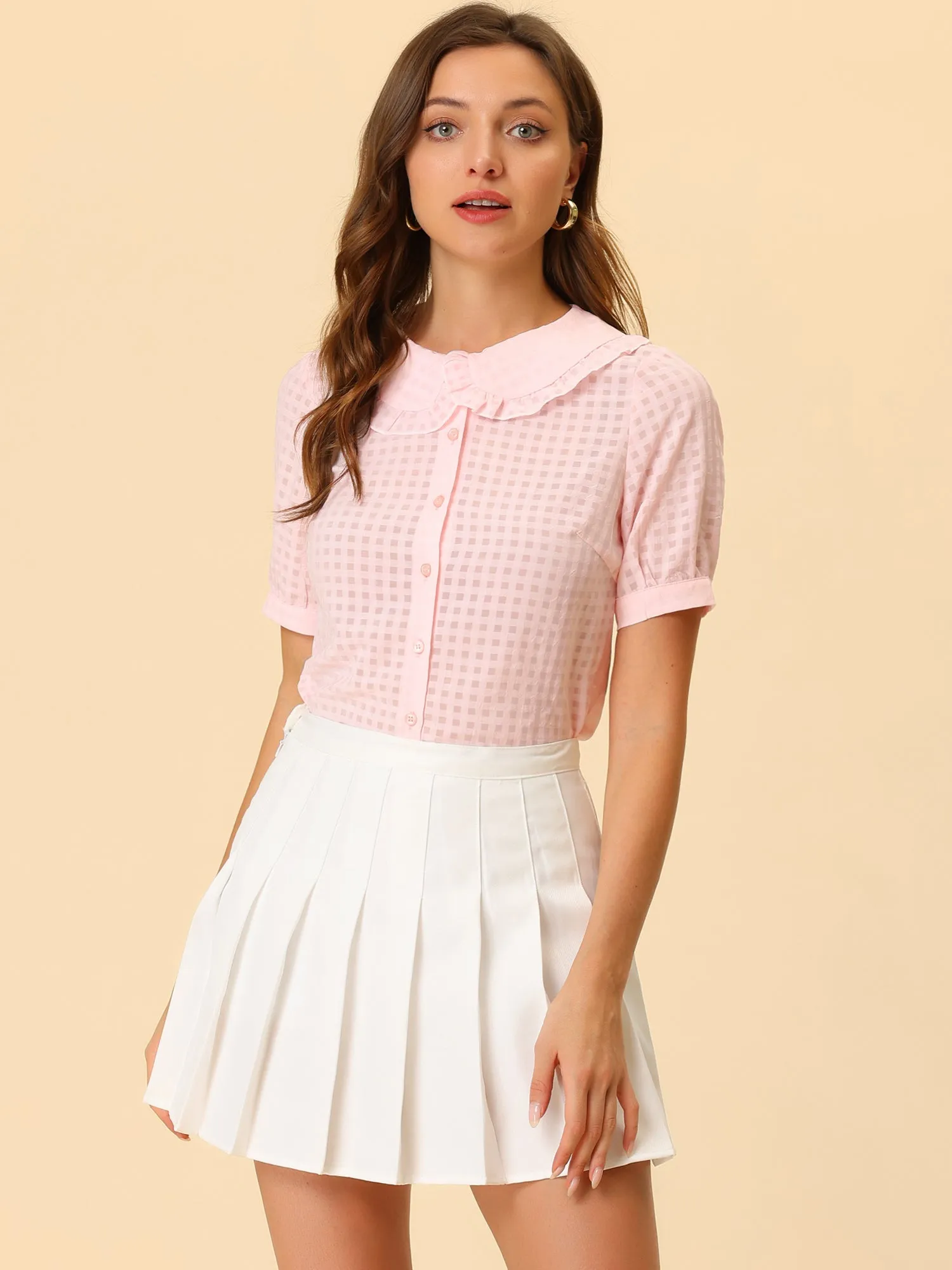 Peter Pan Collar Contrast Color Trim Gingham Button Up Blouse Shirt