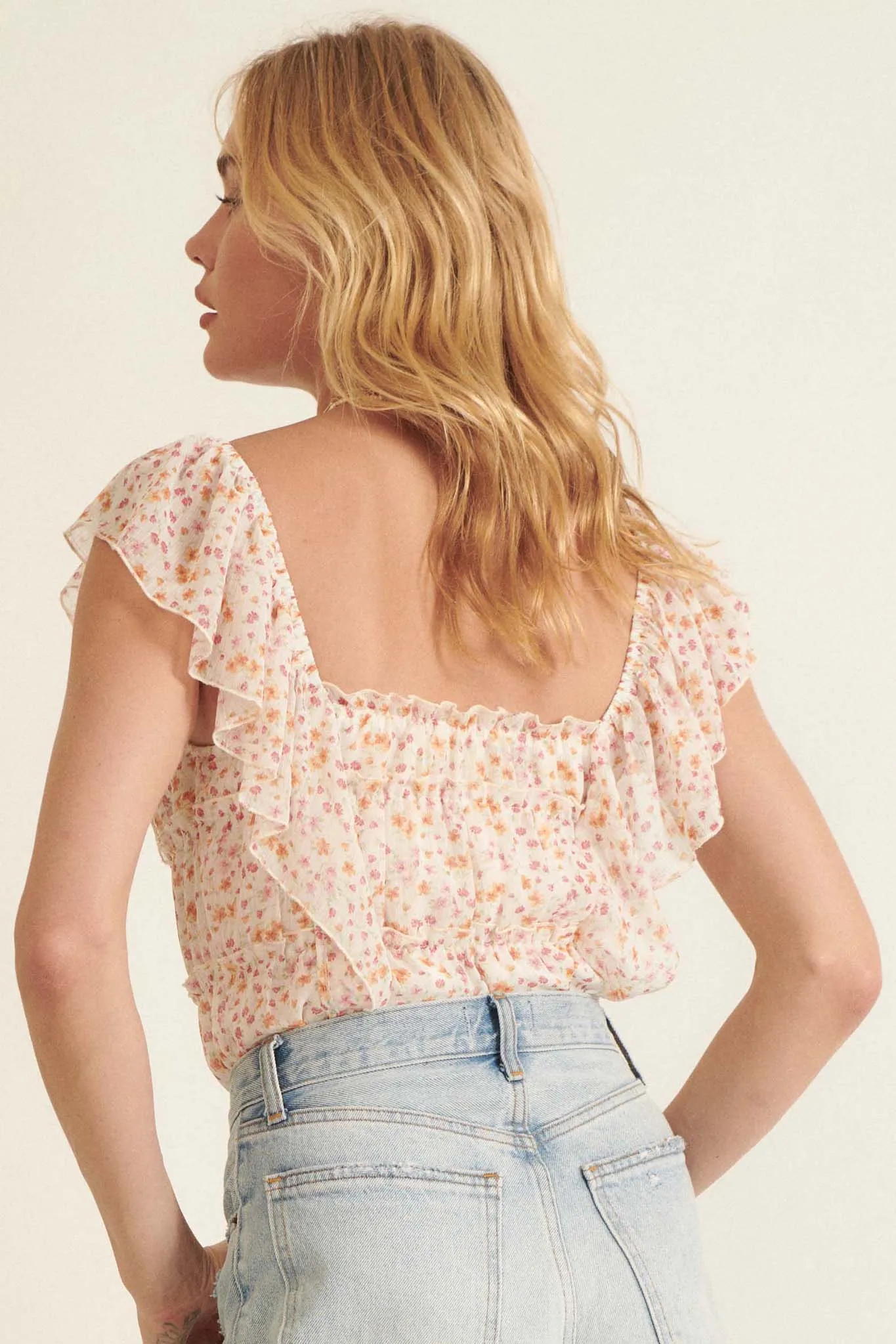 Precious Poetry Ruffled Floral Chiffon Bodysuit