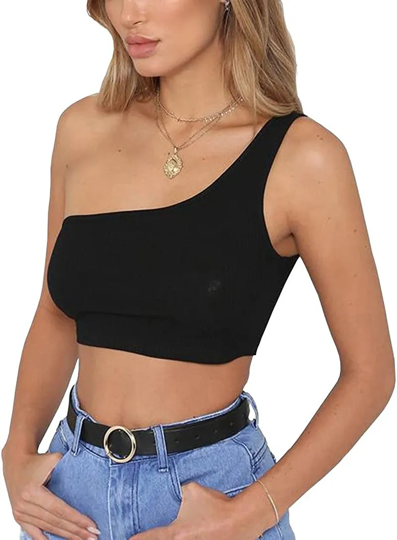 PRETTODAY Women's Sleeveless Crop Tops Sexy One Shoulder Strappy Tees Basic Crop Tank Top