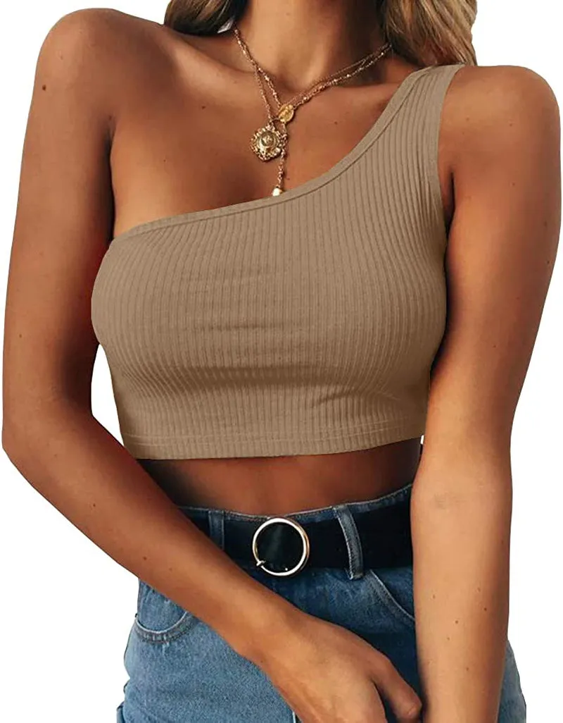 PRETTODAY Women's Sleeveless Crop Tops Sexy One Shoulder Strappy Tees Basic Crop Tank Top