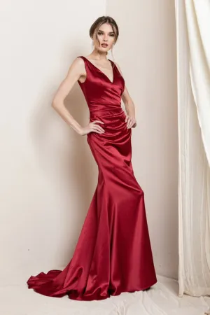 Red V Neck Satin Maxi Evening Dress