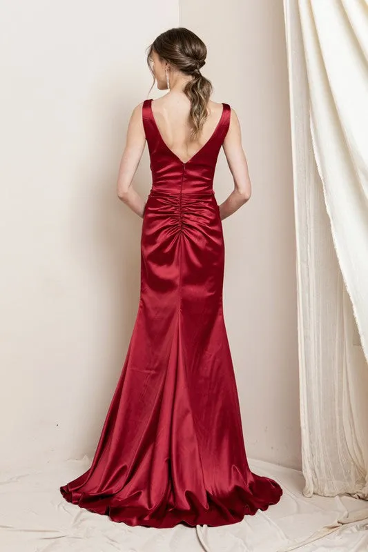 Red V Neck Satin Maxi Evening Dress