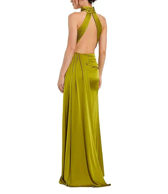 Satin Halter Mock Neck Sleeveless Side Ruched Gown Backless Evening Dresses