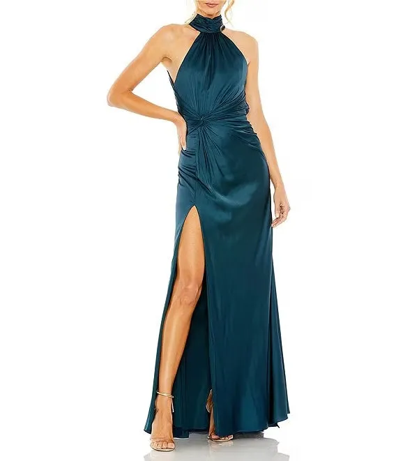 Satin Halter Mock Neck Sleeveless Side Ruched Gown Backless Evening Dresses