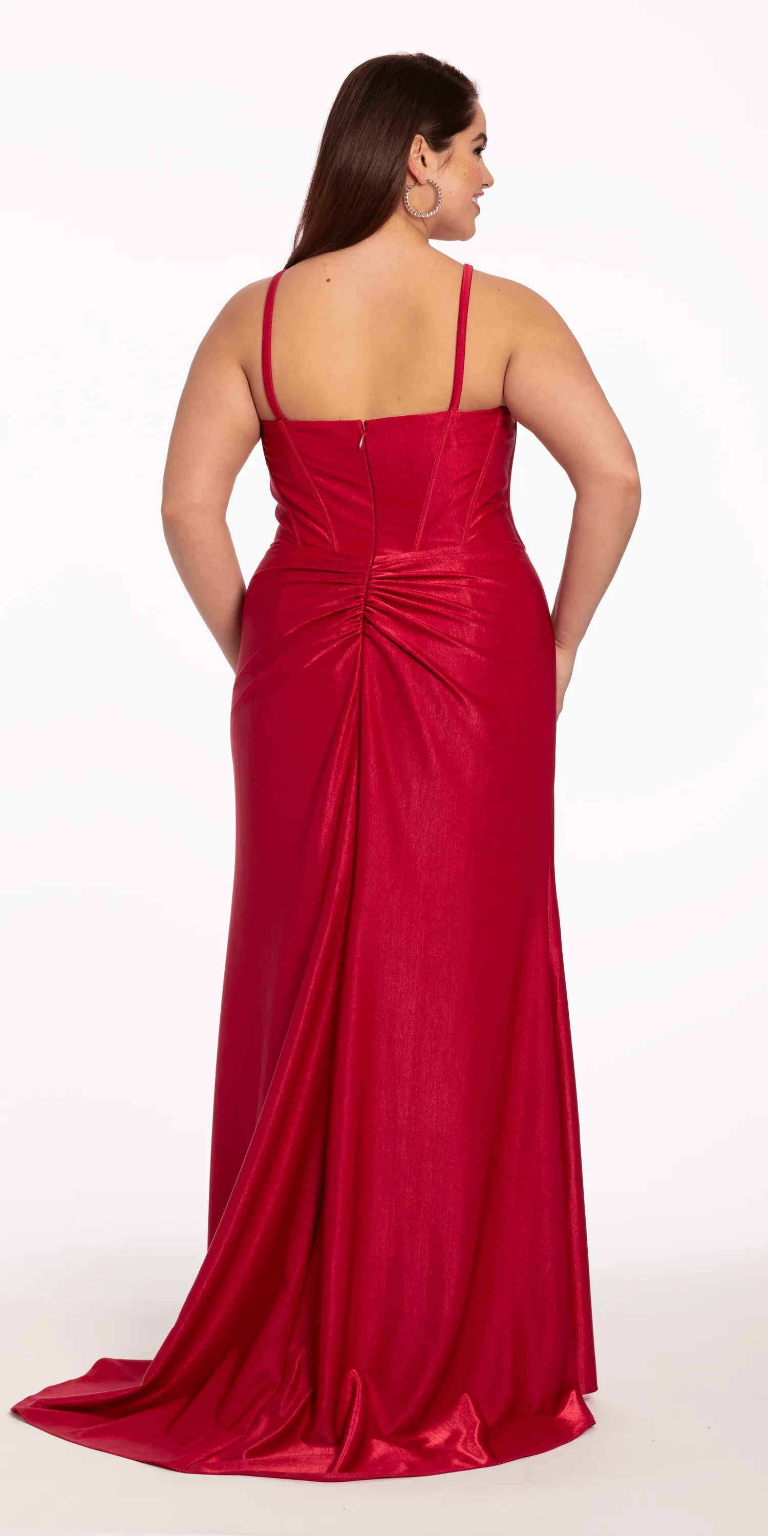 Satin Scoop Corset Trumpet Dress with 3D Floral Side Slit