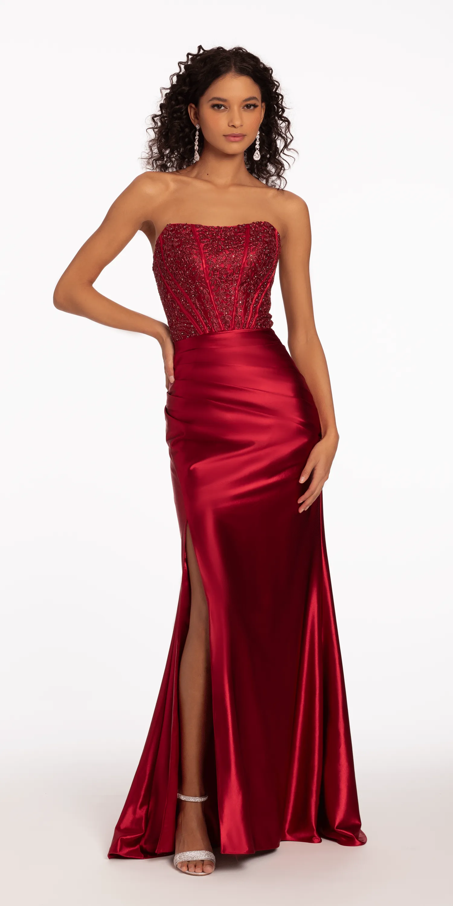 Satin Strapless Embroidered Corset Dress with Side Ruching