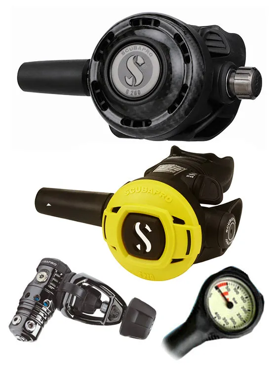 Scubapro Regulator Set: MK25 Evo Black Tech (DIN or Yoke) / G260 Carbon / Octopus & Free Termo Gauge