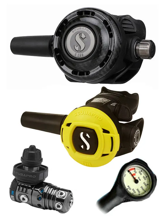 Scubapro Regulator Set: MK25 Evo Black Tech (DIN or Yoke) / G260 Carbon / Octopus & Free Termo Gauge