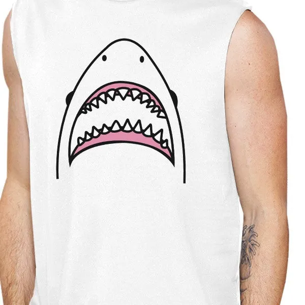 Shark Mens White Summer Muscle Top Sleeveless Lightweight Cotton