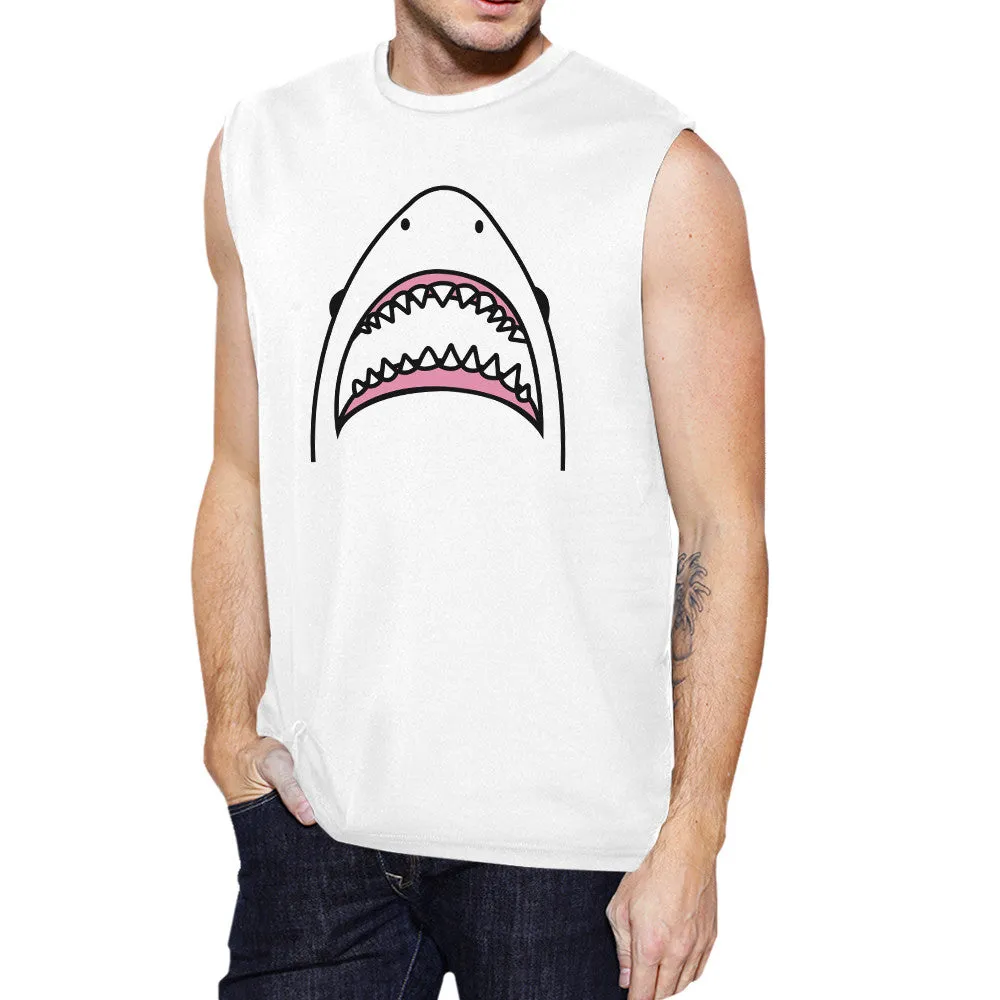 Shark Mens White Summer Muscle Top Sleeveless Lightweight Cotton