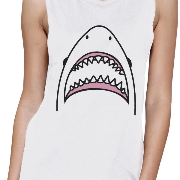 Shark Womens White Summer Muscle Top Sleeveless Lightweight Cotton