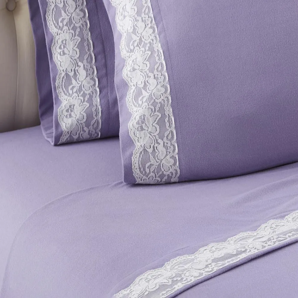 Shavel Micro Flannel Lace-Edged Sheet Set - Cal King Flat/Fitted Sheet 108x110/84x72x18" 2-Pillowcase 21x40" - Amethyst.