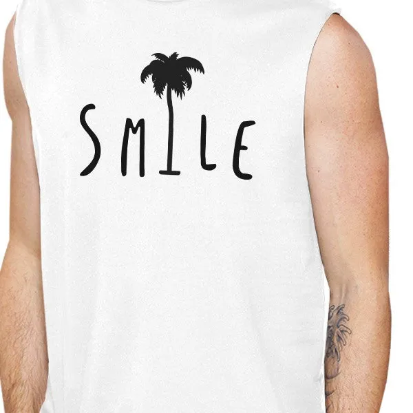 Smile Palm Tree Mens White Sleeveless Muscle Tee Cool Summer Top