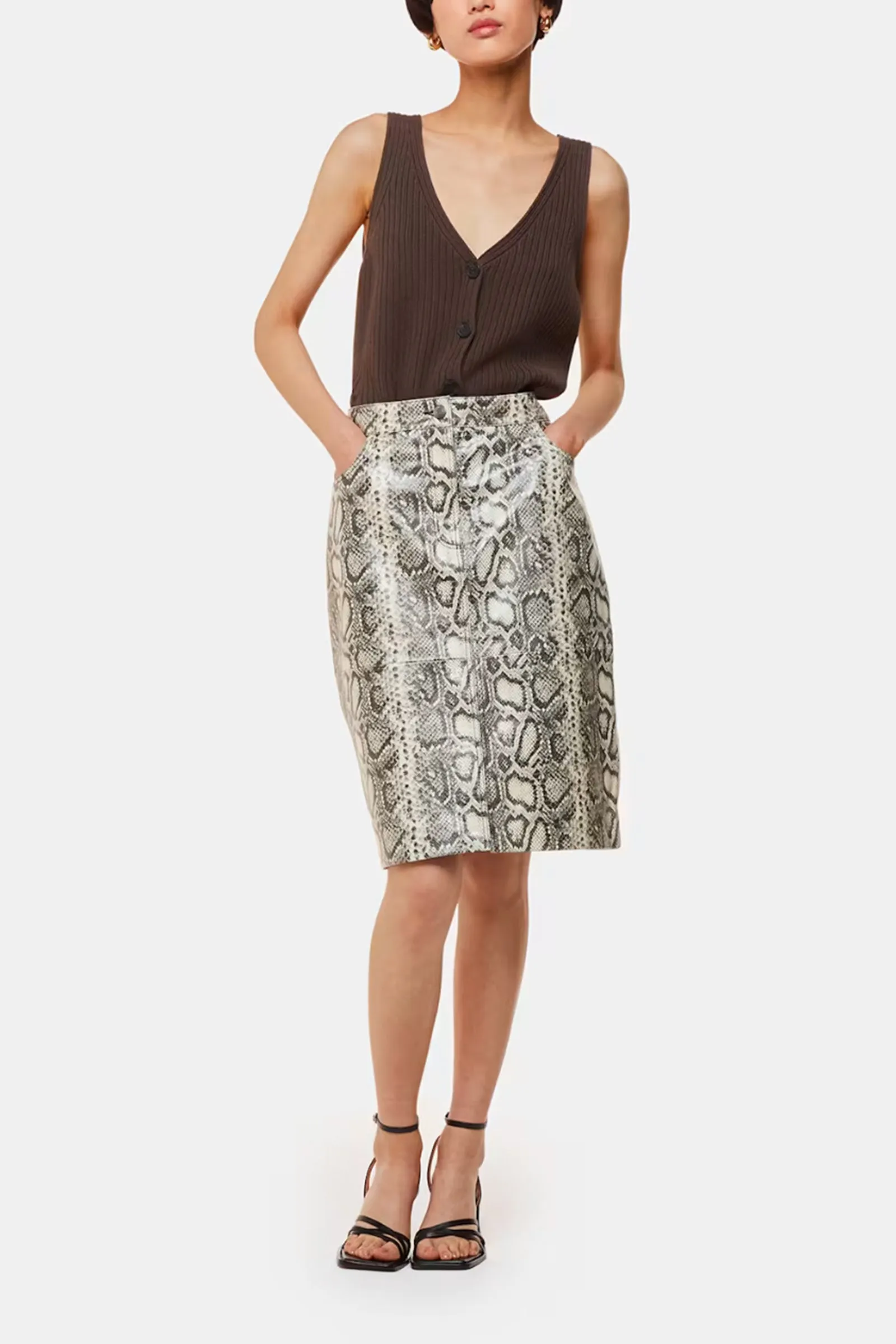 Snake Skin Leather Midi Skirt