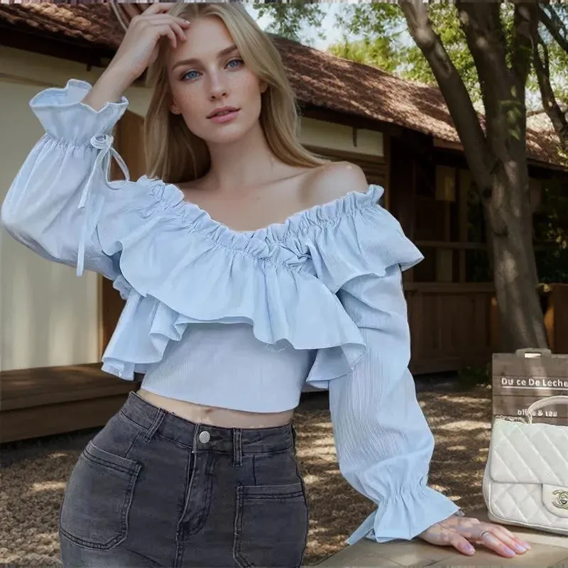 Spring Elegant Pure Slim Ruffled Short Top Blouse