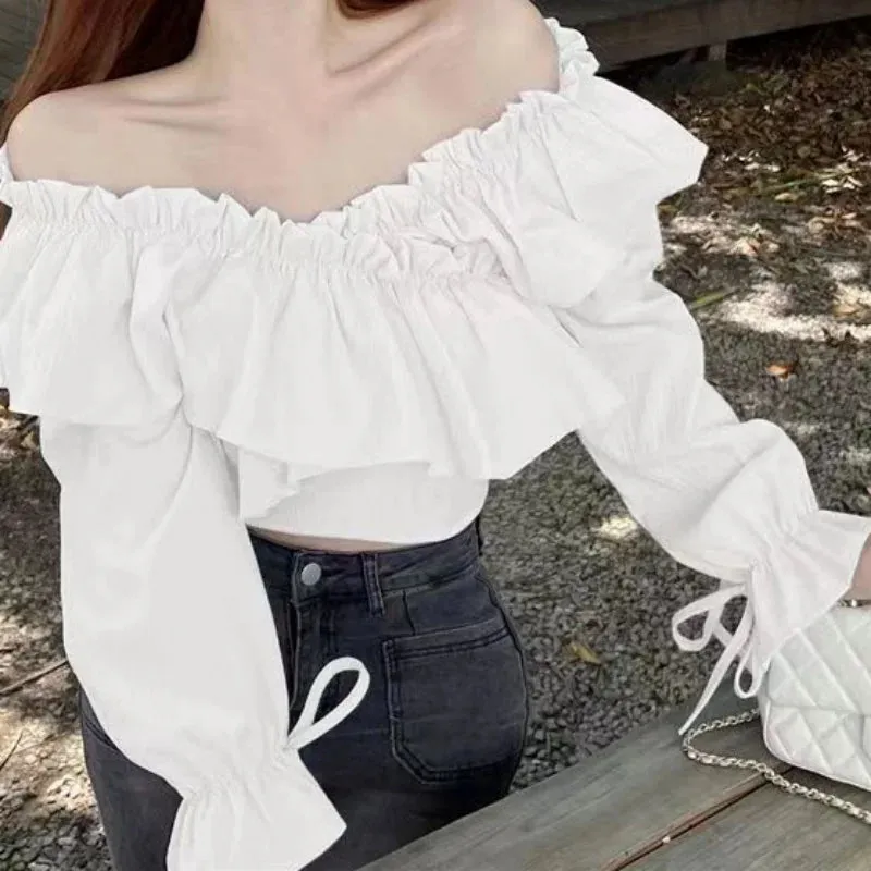 Spring Elegant Pure Slim Ruffled Short Top Blouse