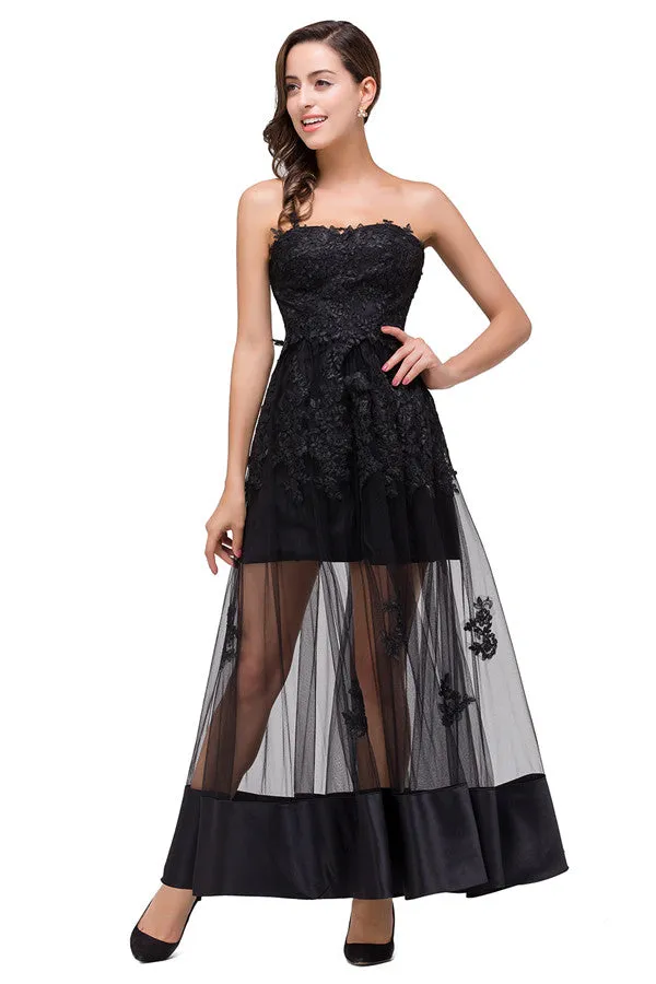 Strapless Knee-length A-line Lace-Up Black Appliques Prom Dresses